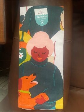 Danica Jubilee Chosen Family Dish Towel with Colorful People & Dog Print NEW!